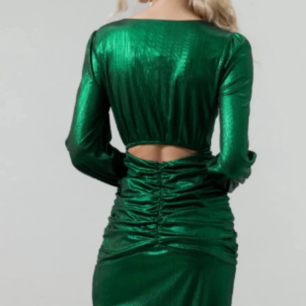Sugarlips Cannes Liquid Satin Ruched Cut Out Green Midi Dress | Large